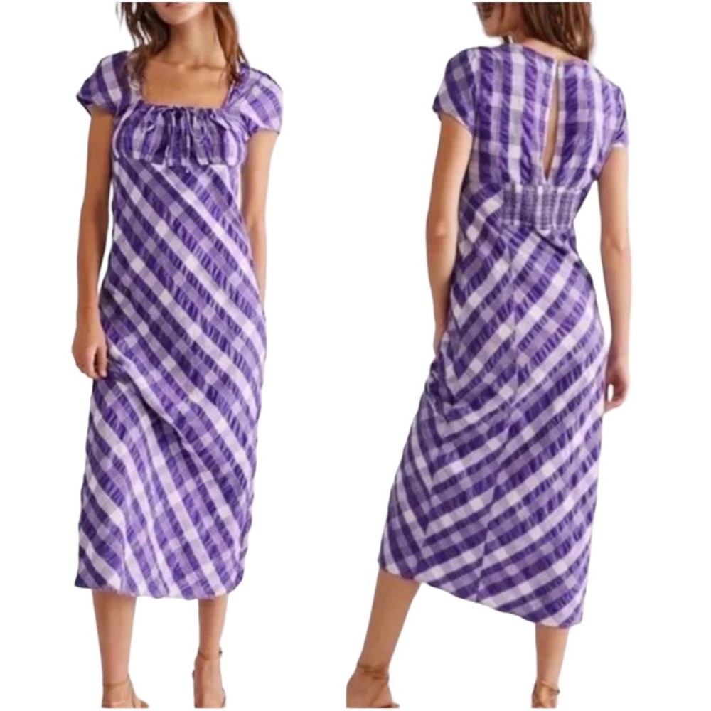 Purple Plaid Midi Dress - Feminine Smocked Back